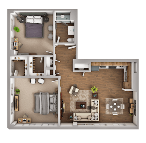 A top-down view of a two-bedroom apartment with a living room, kitchen, and bathroom.